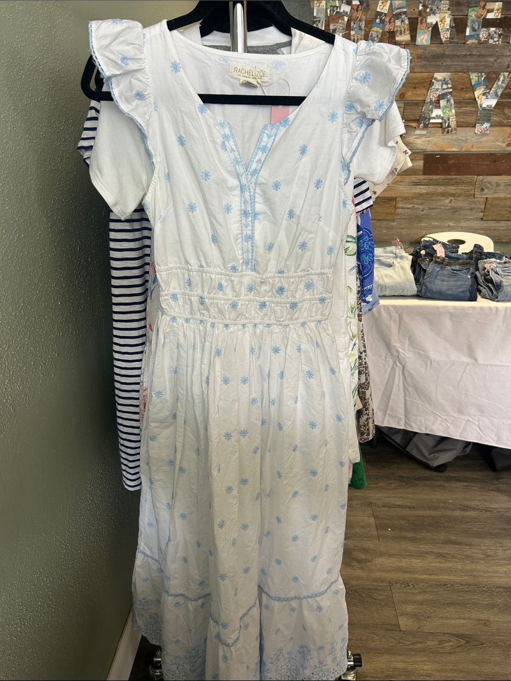 Rachel Zoe White Dress with Light Blue Embroidery